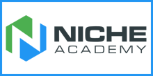 Niche Academy logo: it's a hexagon with a white "N" going through the middle.  The hexagon is green above the N, and blue below the N.  The words "Niche Academy" are written to the right of the hexagon.