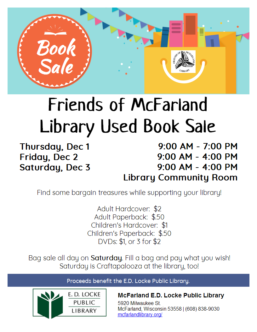 Friends of McFarland Library Used Book Sale, Thurs, Dec 1 through Sat Dec 3