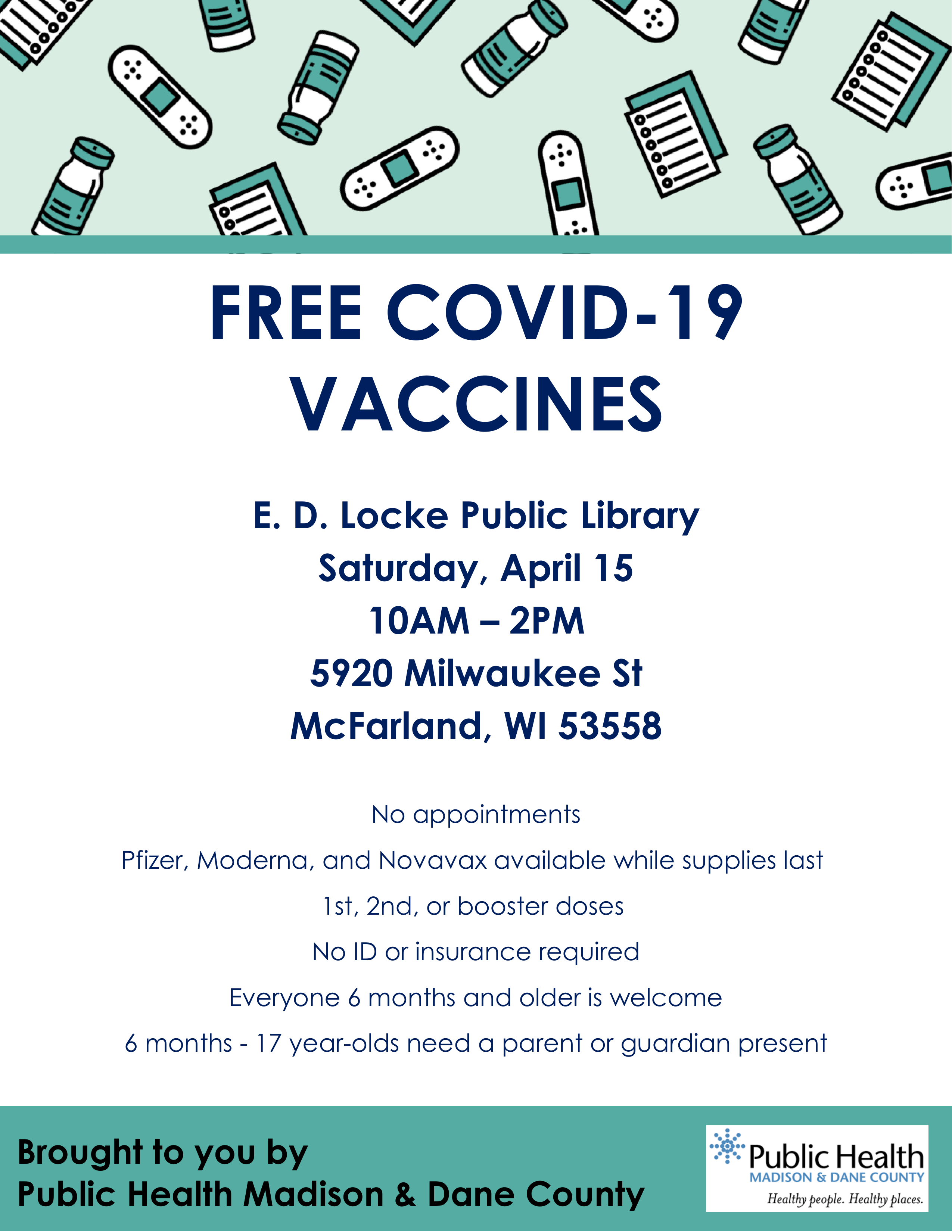 Free COVID-19 Vaccines at ED Locke Public Library on Saturday, April 15 from 10 AM to 2 PM