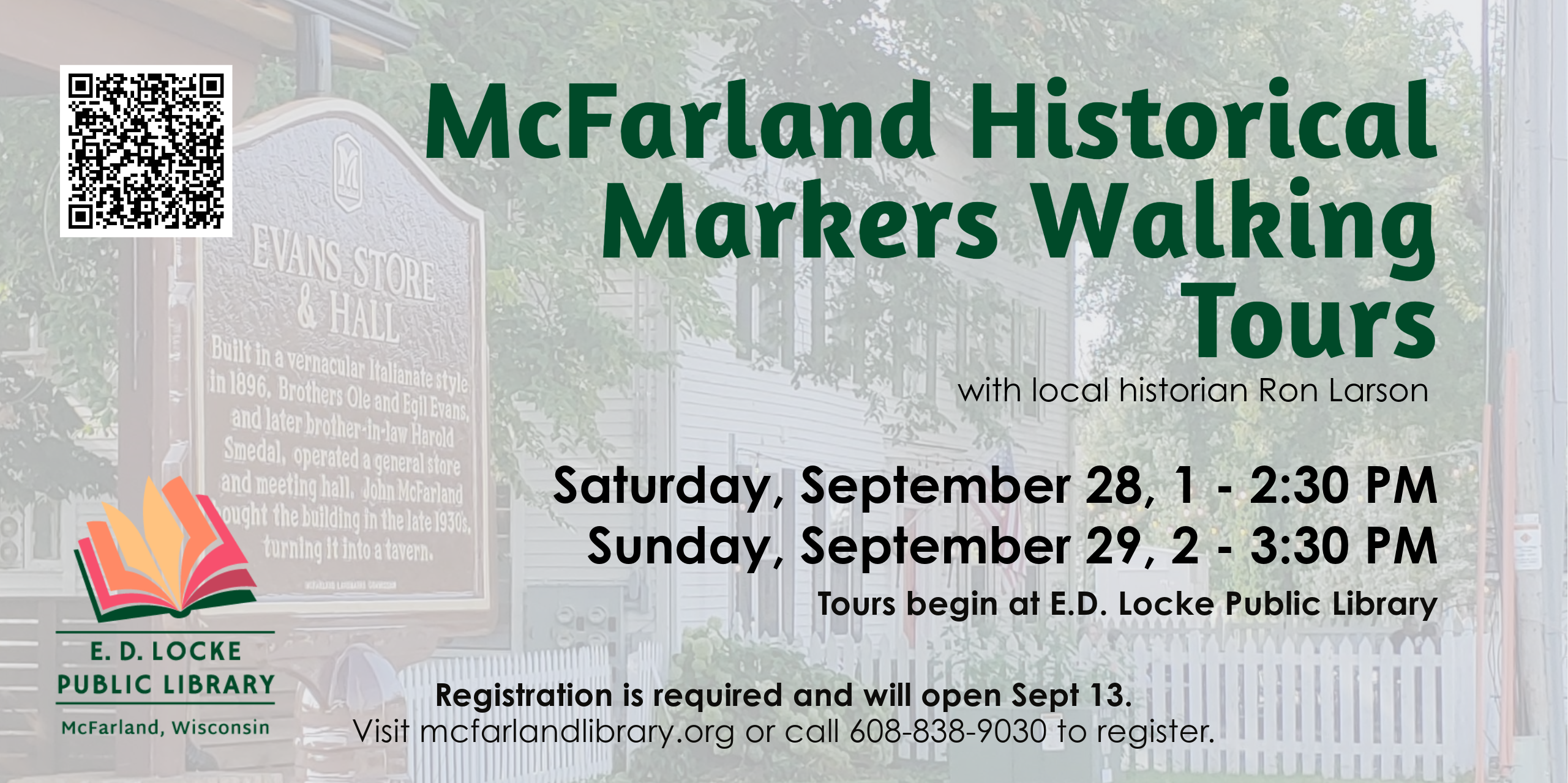 Ron Larson will be leading two historical markers walking tours the weekend of the McFarland Community Festival. Saturday, Sept 28 will be 1-2:30 PM, and Sunday, Sept 29 will be 2-3:30 PM. Registration is required and will open Sept 13 at mcfarlandlibrary.org.
