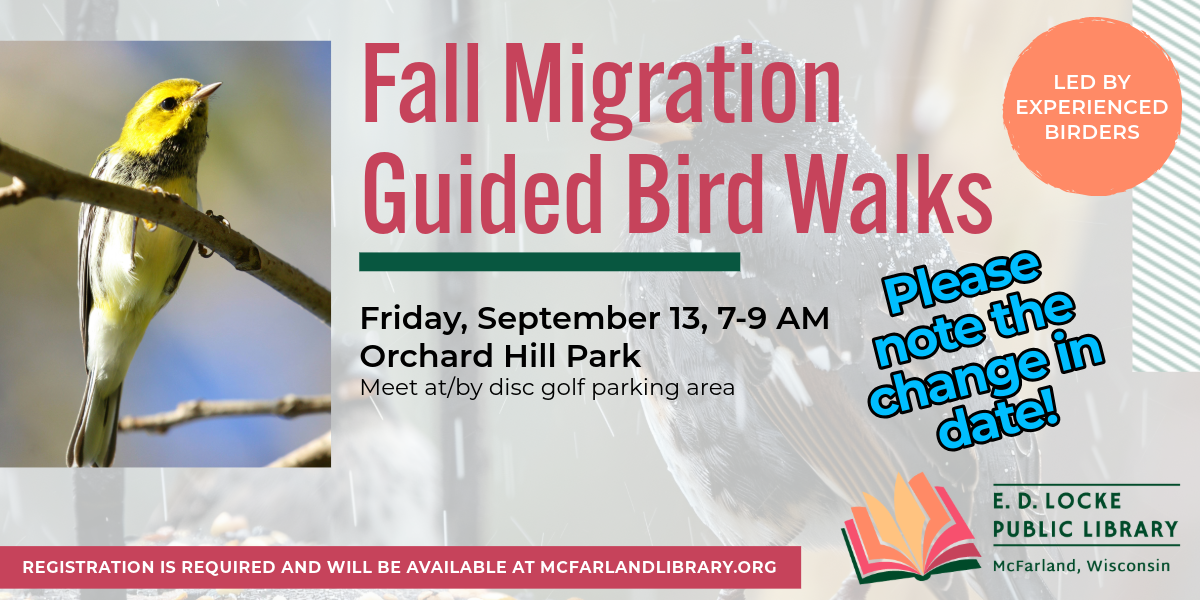 UPDATE: The last Fall Migration Guided Bird Walks will happen Friday, September 13th, 7-9 AM. Registration is required and can be found at mcfarlandlibrary.org or by calling the library at 608-838-9030.