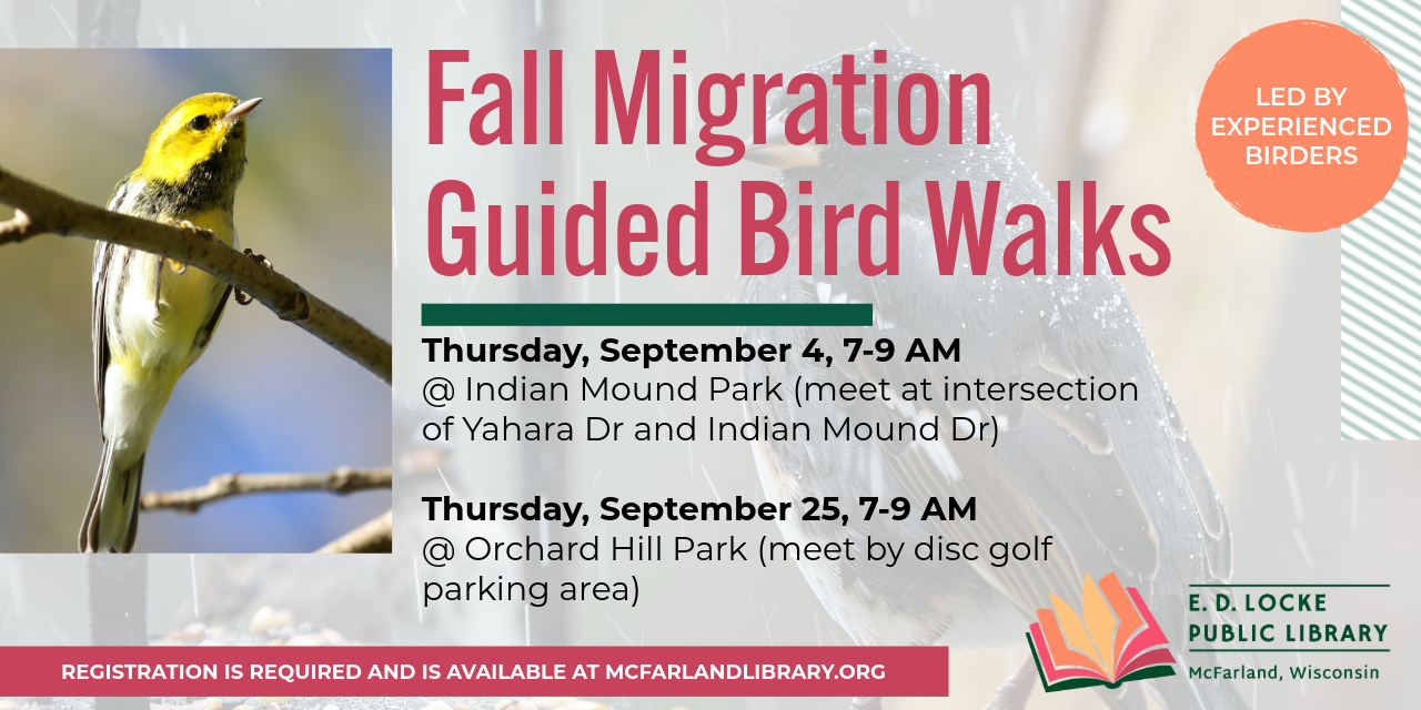 We will have two guided birds walks this fall. Thursday, September 4 will be at Indian Mound Park (7-9 AM), and Thursday, September 25 will be at Orchard Hill Park (7-9 AM). Registration is required.