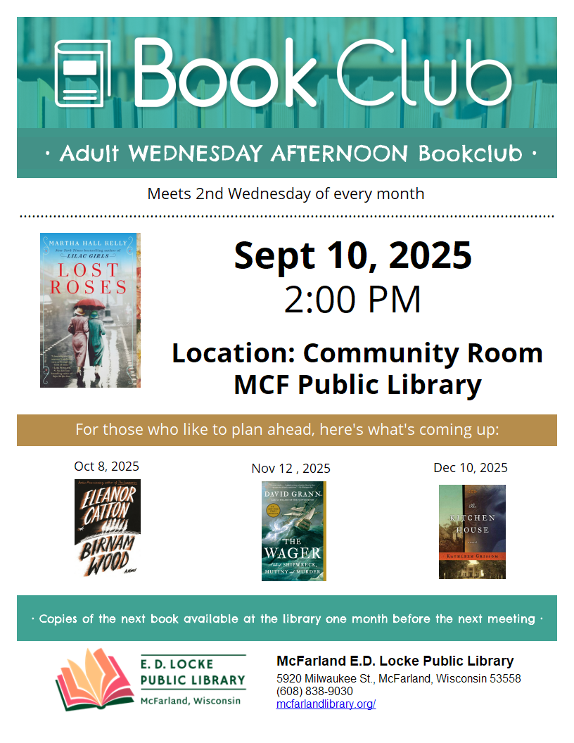 Book club flyer for 9/10/25 meeting. Book selection: Lost Roses by Martha Hall Kelly.