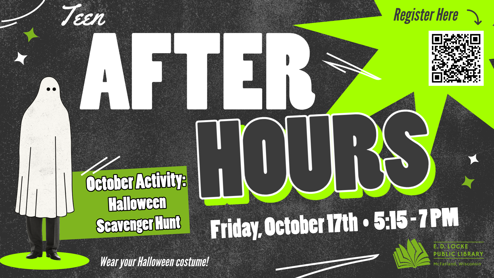 Teen After Hours, October Activity: Halloween Scavenger Hunt, Friday, October 17th, 5:15-7 PM, registration required