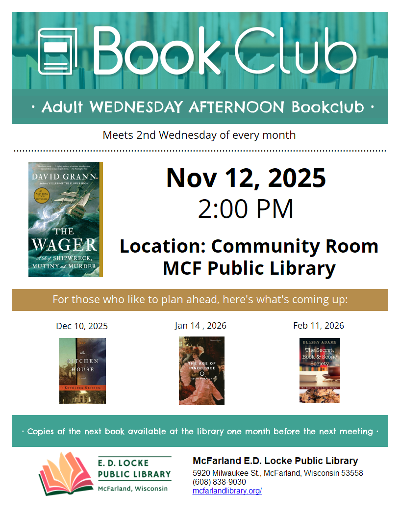 BOOK CLUB FLYER FLYER FOR WEDNESDAY AFTERNOON BOOK CLUB: NOVEMBER 2025 MEETING DETAILS & SELECTION