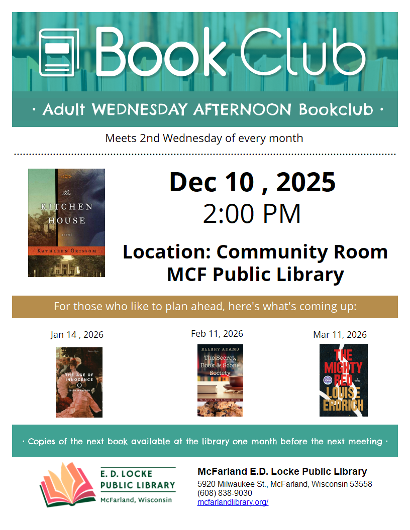 DEC 10 2025 BOOK CLUB FLYER: THE KITCHEN HOUSE.  MEETING AT 2:00PM