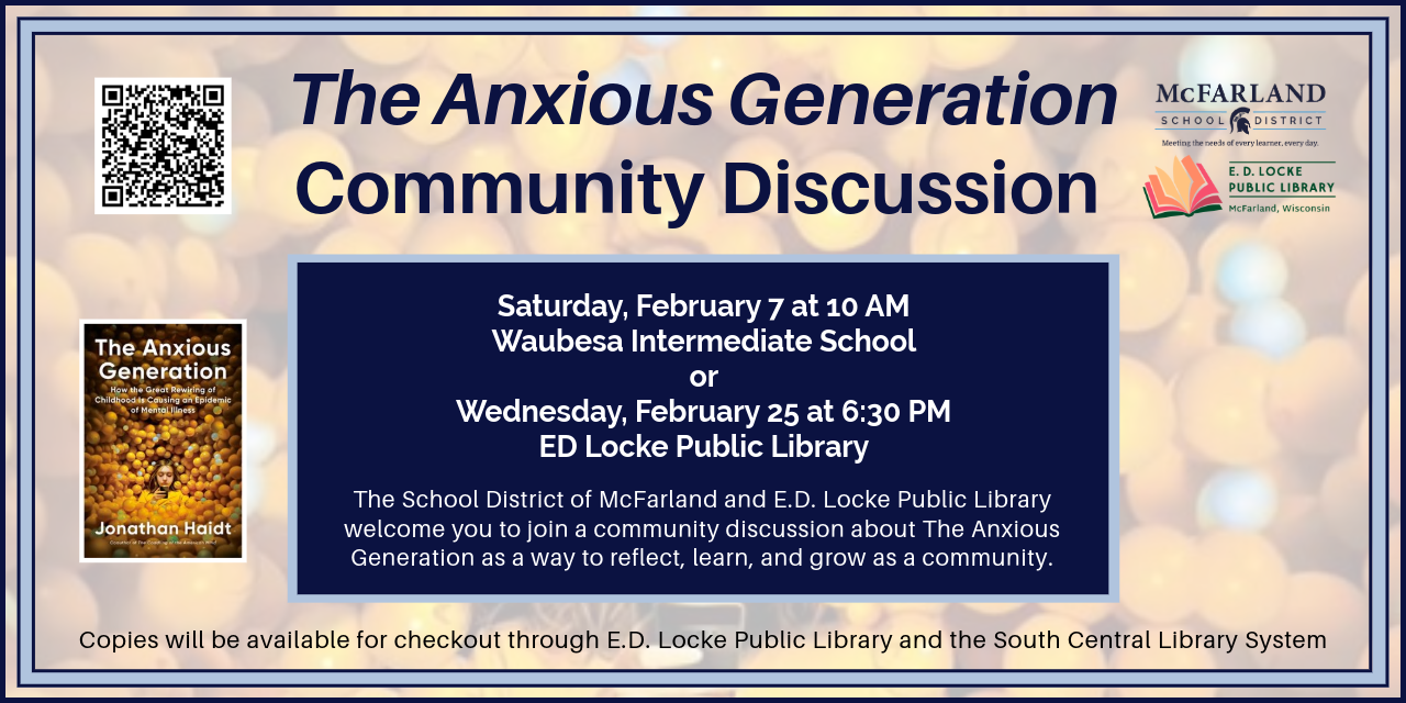 E.D. Locke Public Library will host the second community discussion on Wednesday, February 25, 6:30-7:30 PM in the Library Community Room.  Copies of the book are available at E.D. Locke and through the South Central Library System.