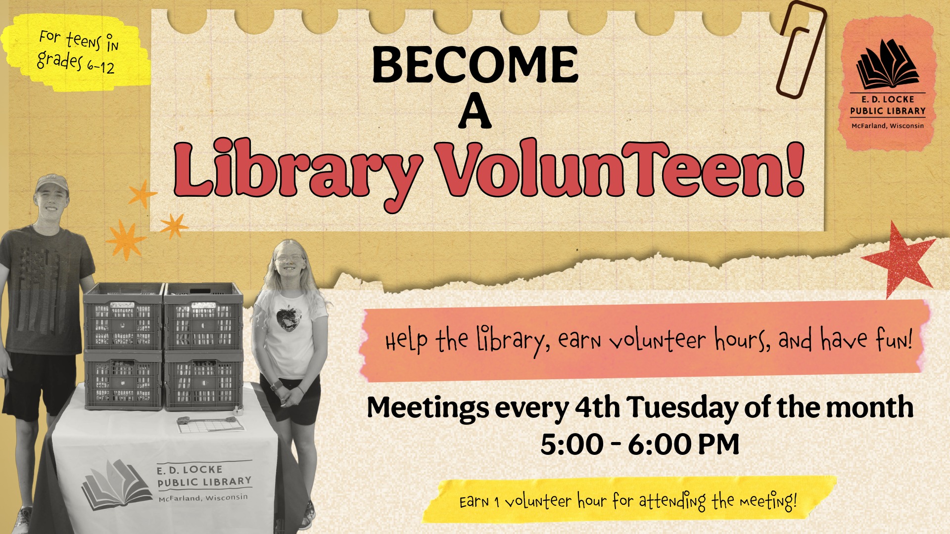Updated Library VolunTeen flyer for January-April 2026