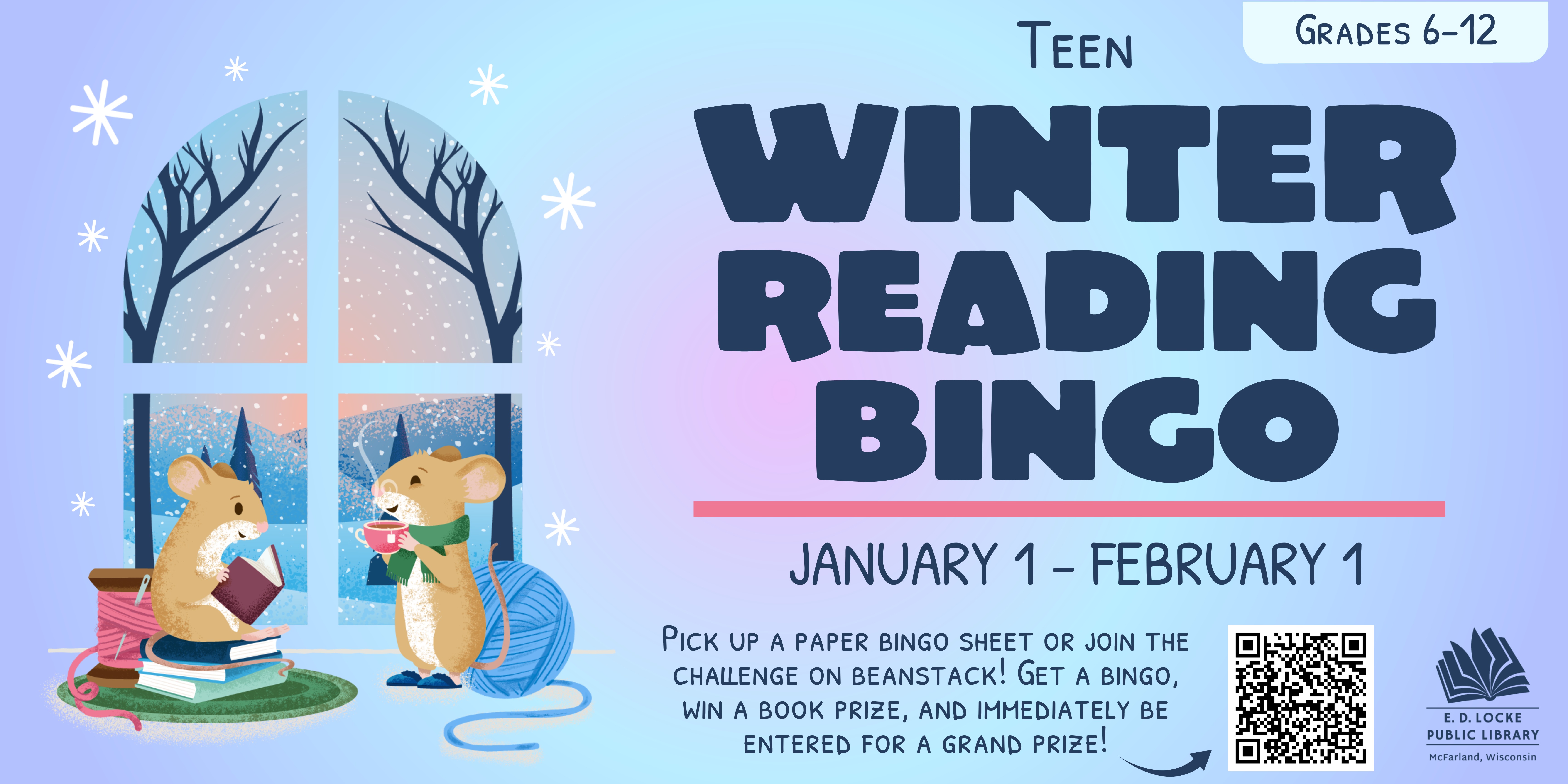 Teen Winter Reading Bingo slide advertisement. Slide shows two winter mice with cocoa and blankets on a blue and purple background.