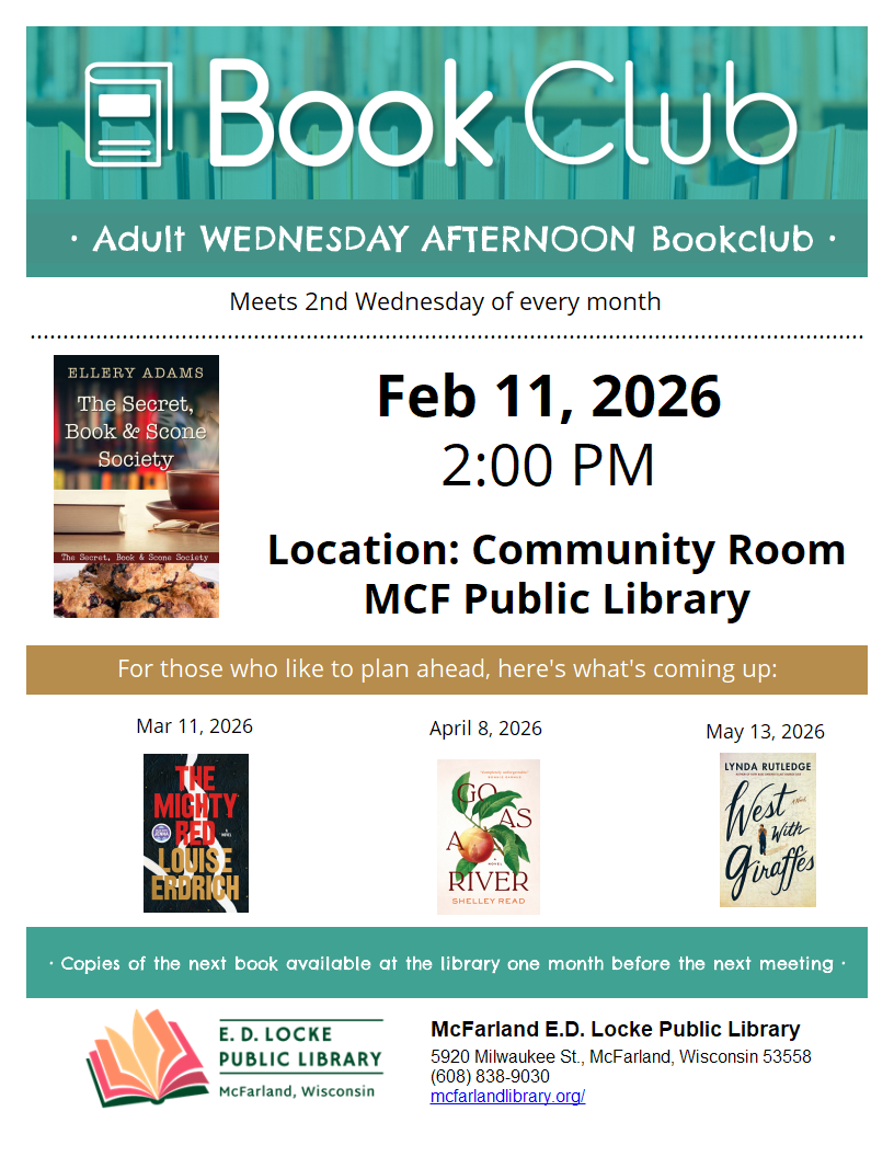 February Book Club Flyer:  Meeting on 2/11/26.  Selection: The Secret, Book & Scone Society