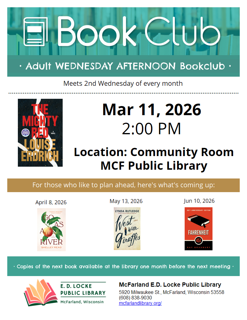 FLYER FOR MARCH 2026 BOOK CLUB SELECTION: THE MIGHT RED
