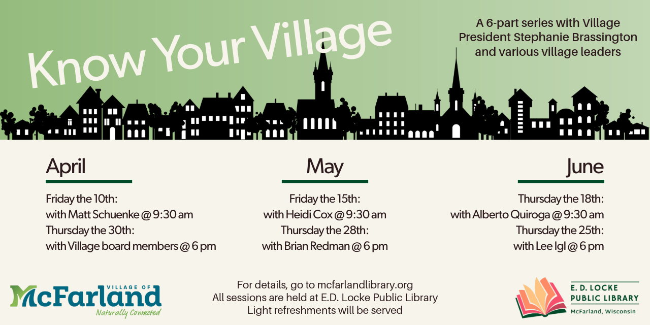 Shades of green sky with a black and white skyline; dates of "Know Your Village" series are included.