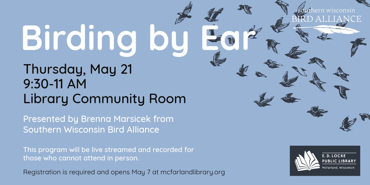 Gray-blue background, navy blue flock of birds in the top right corner, program information written in black or white with a white library logo in the bottom right corner.