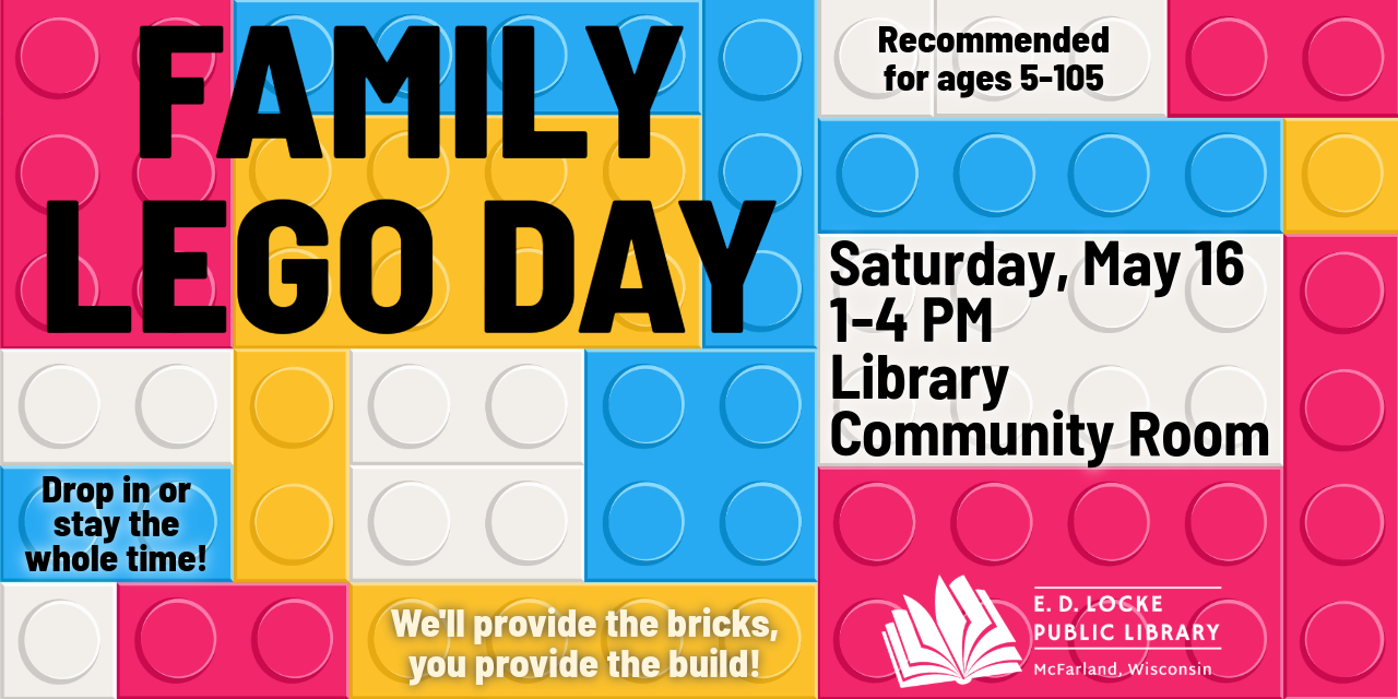 a collection of hot pink, mustard yellow, cream, and sky blue LEGO pieces fitting together in the background.  Details of the program are written in black.