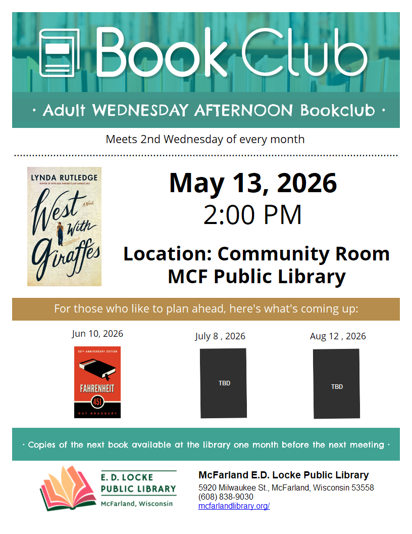 WEDNESDAY AFTERNOON BOOK CLUB: NEXT MEETING 5/13/26 AT 2PM.  READING WEST WITH GIRAFFES BY LYNDA RUTLEDGE
