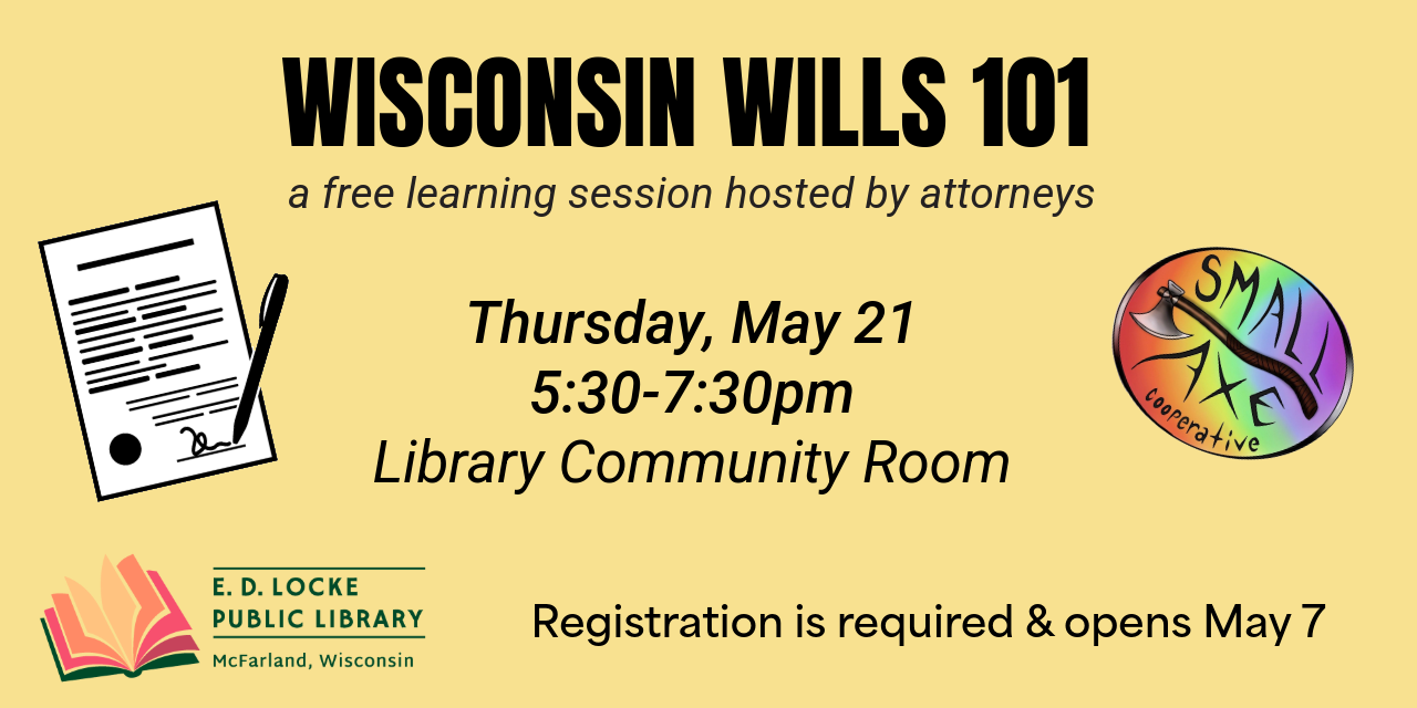 Small Axe Cooperative's logo (an axe on a rainbow-colored stone shape) is on the right, a will being signed-icon is on the left, and the program date/time information is in the middle, all on a light mustard yellow background