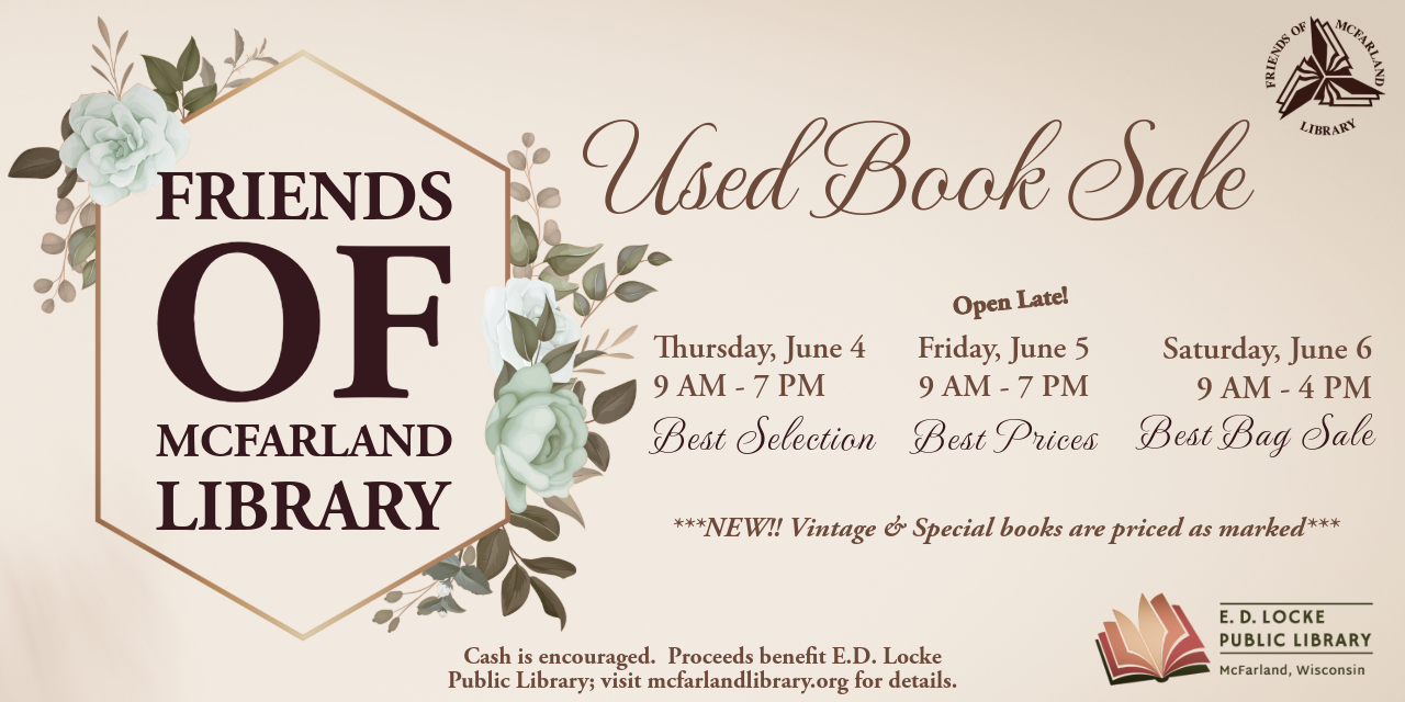 On Thursday, June 4, Friday, June 5, and Saturday, June 6, visit the library's community room to shop the sale. The sale runs from 9:00 AM until 7:00 PM on Thursday and Friday, and 9:00 AM until 4:00 PM on Saturday. 