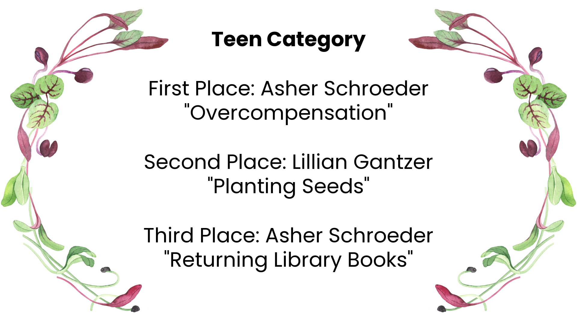 Teen category. First place: Asher Schroeder "Overcompensation". Second Place: Lillian Gantzer "Planting seeds". Third Place: Asher Schroeder "Returning library books".