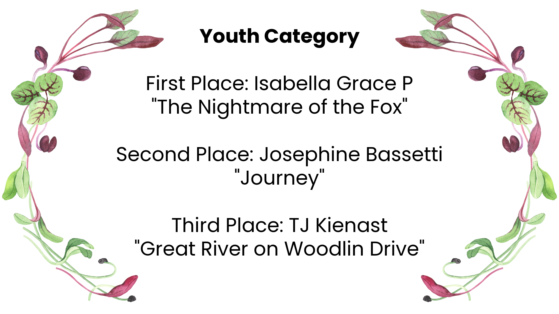 Youth category. First place: Isabella Grace P "The nightmare of the fox". Second place: Josephine Bassetti "Journey". Third place TJ Kienast "Great river on Woodlin Drive"
