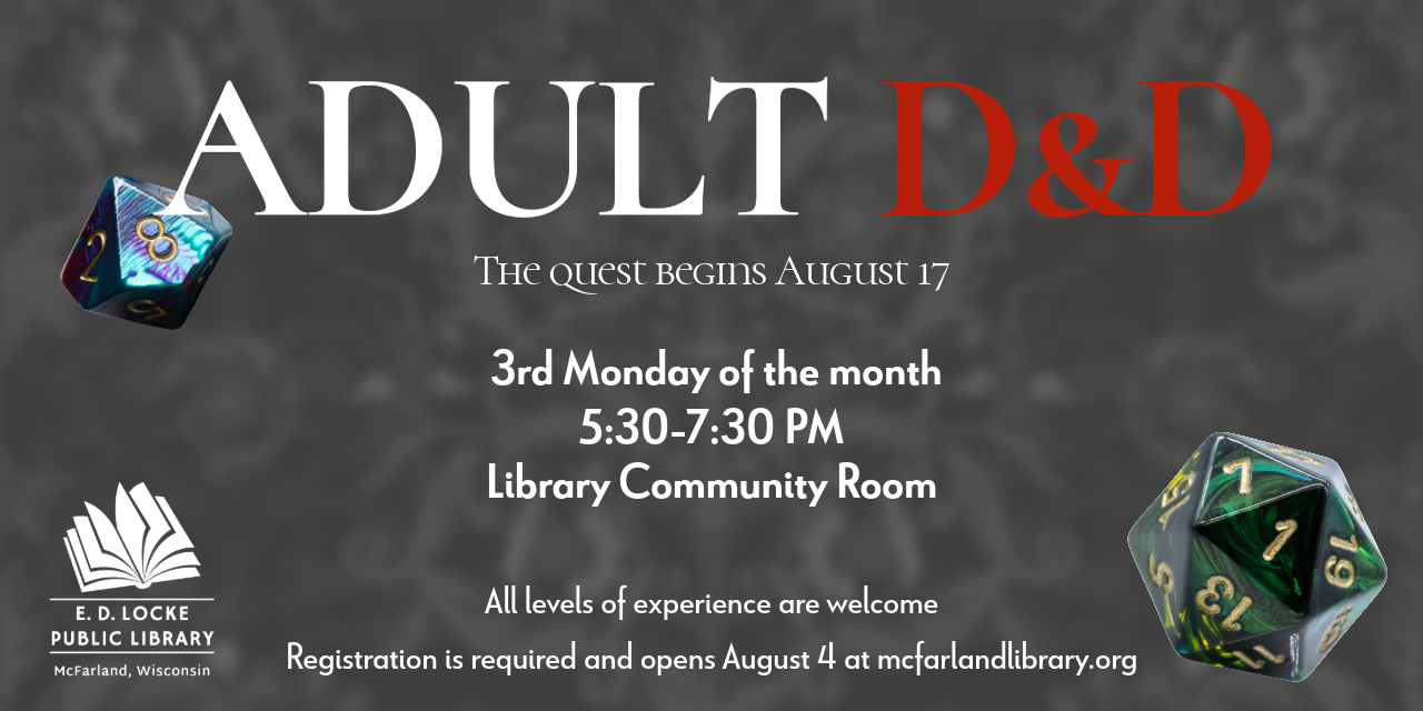 Promotional image for an Adult D&D event at E.D. Locke Public Library, featuring colorful dice and event details.