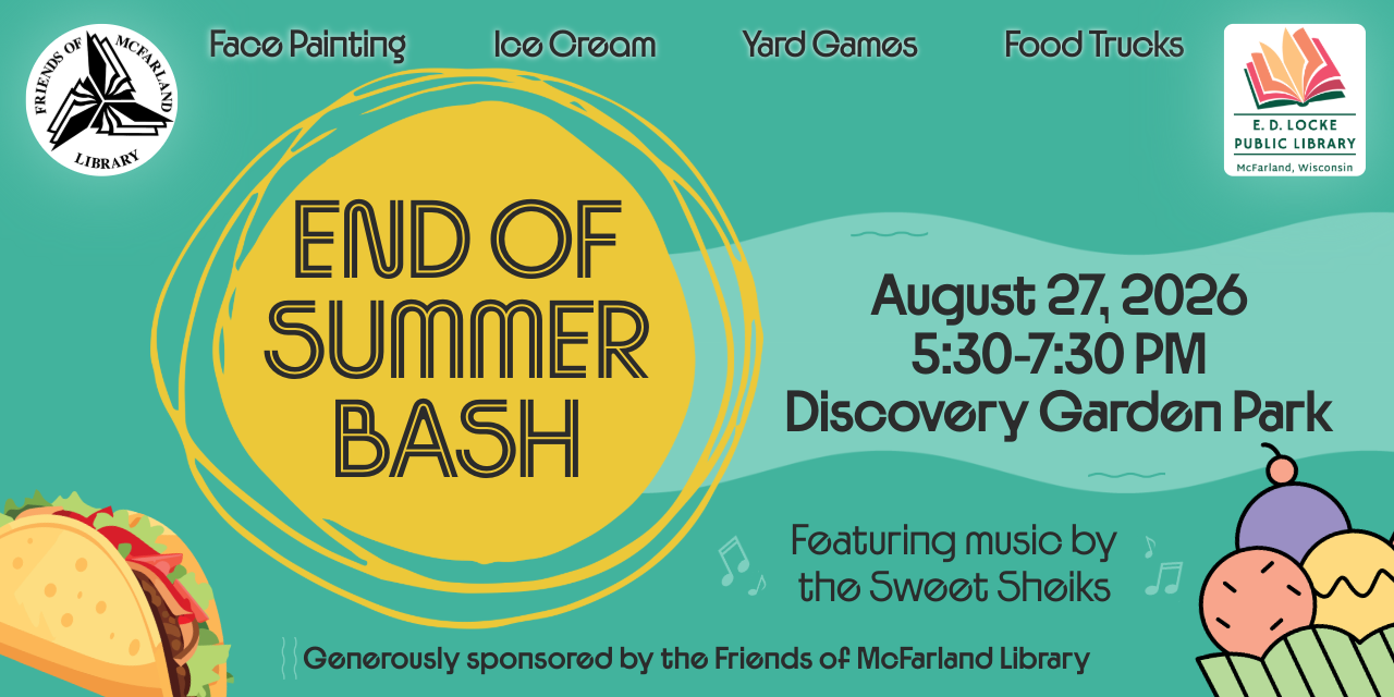 Event poster for the "End of Summer Bash" with details including date, time, and activities like face painting and ice cream, featuring colorful graphics and logos.