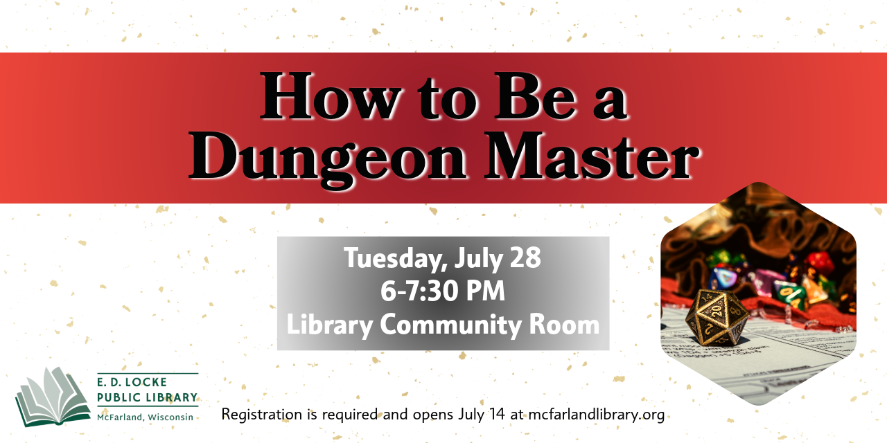 Gradient red banner at the top has "How to Be a Dungeon Master" written on top in black.  There's a hexagonal picture of a D&D character sheet and die.  The background is white with tiny gold flecks scattered about.
