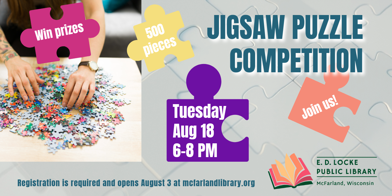 A person with tattooed arms works on a colorful spread of jigsaw puzzle pieces on a table, with event details for a puzzle competition overlaid in colorful boxes, including date and time.