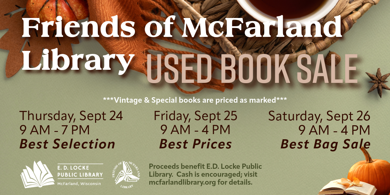 Promotional flyer for a used book sale at McFarland Library with autumn-themed design, detailing dates, times, and price information.