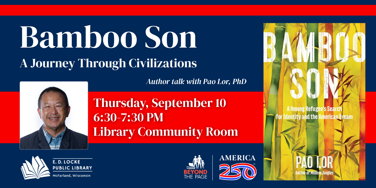 Promotional image for an author talk featuring Pao Lor about his book "Bamboo Son," with details of the event displayed.