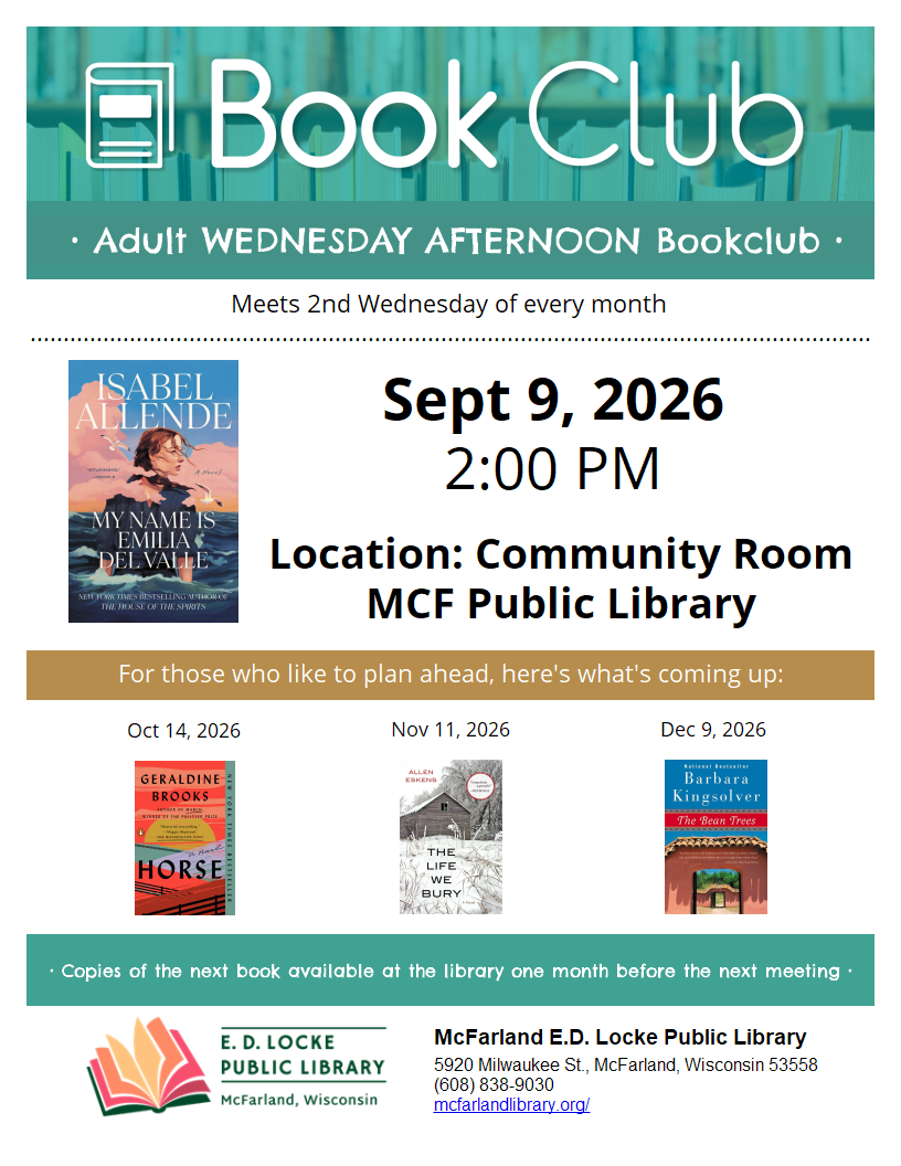 Promotional poster for a book club meeting featuring details like date, time, location, and book titles with cover images for three upcoming sessions.