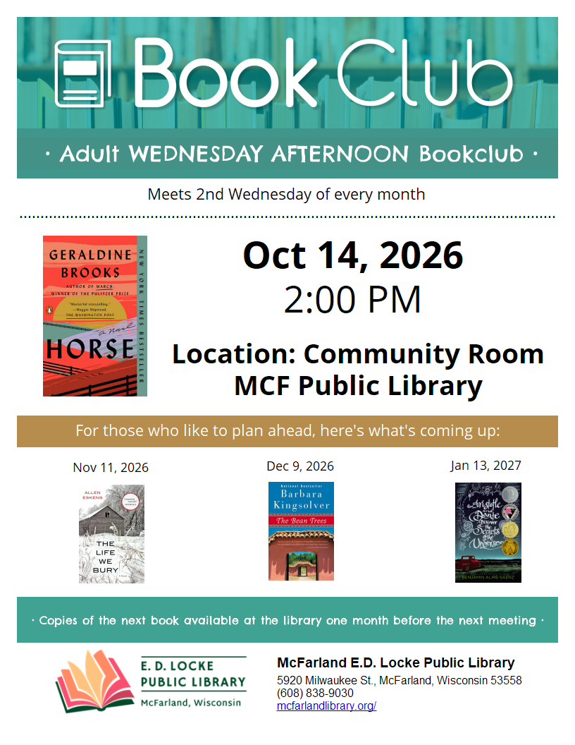 Book club flyer listing the October 14, 2026, meeting of the Adult Wednesday Afternoon Bookclub at MCF Public Library, featuring Horse by Geraldine Brooks and upcoming monthly selections.