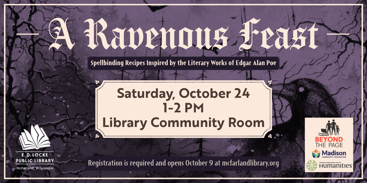 Event poster for “A Ravenous Feast,” a literary-inspired recipe event on Saturday, October 24, from 1–2 PM in the Library Community Room.