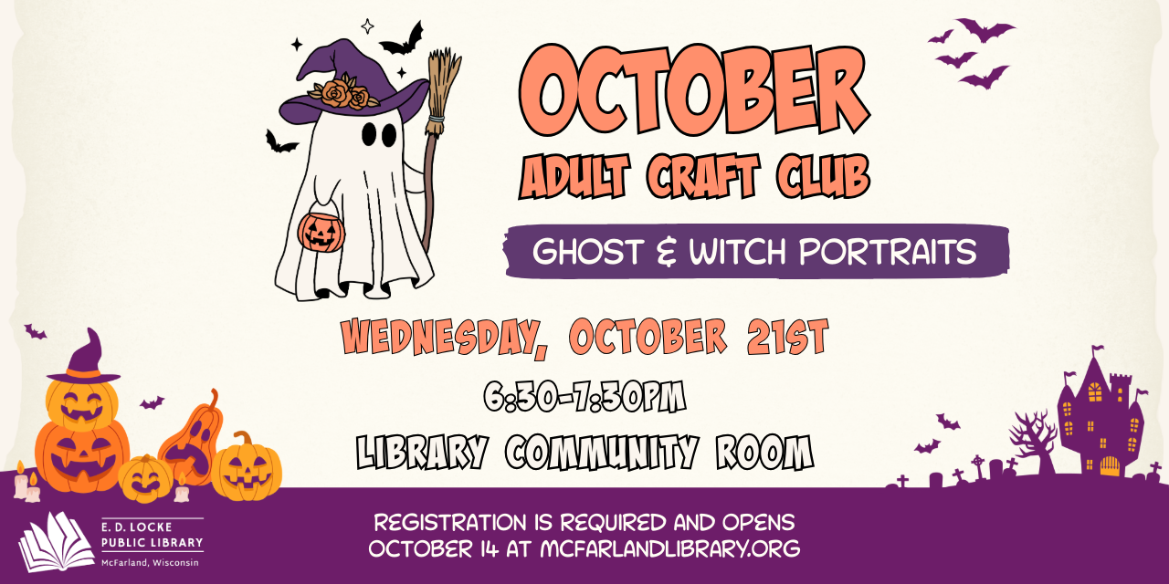 Halloween-themed flyer for an October adult craft club featuring ghost and witch portraits at the library.