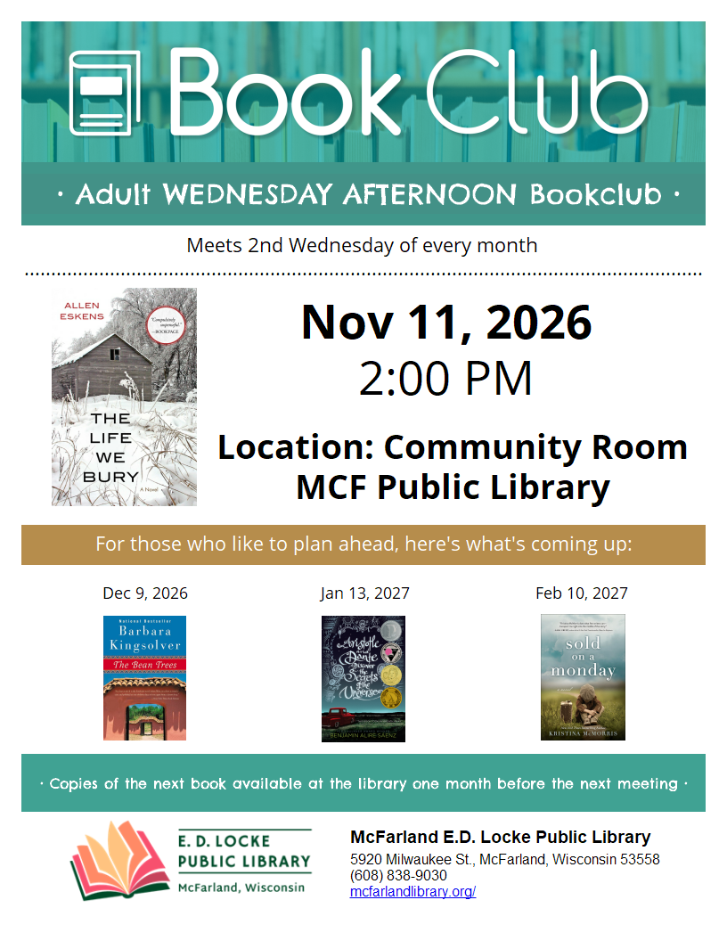 Book club flyer announcing a November 11, 2026, meeting at 2:00 PM at MCF Public Library, with current and upcoming book selections.