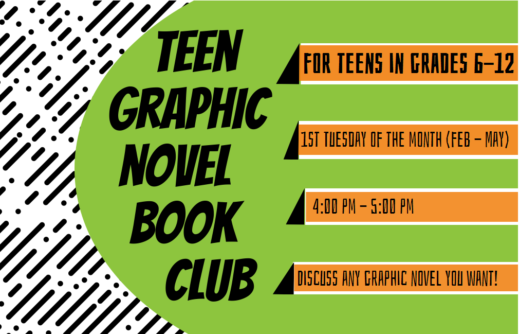 Green background with black dots and stripes. Text reads Teen Graphic Novel Book Club