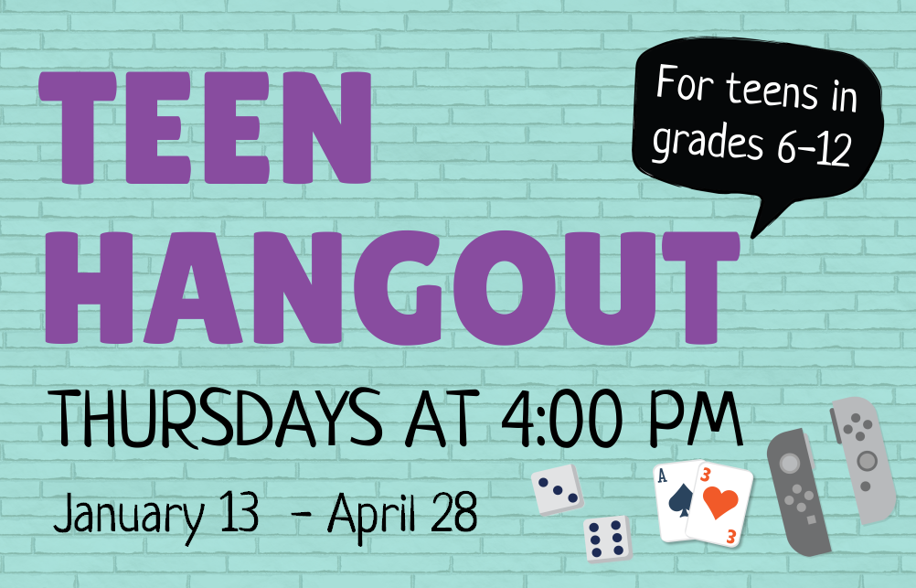 Image of blue brick with purple and black letters. Text reads Teen Hangout for teens in grades 6-12.