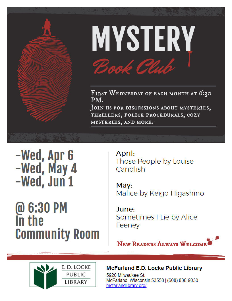 myster book club flyer, 1st wed of the month at 6:30 pm