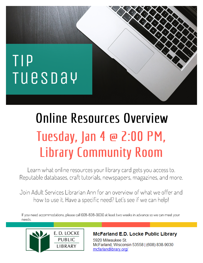 Tip Tuesday Online Resources Overview January 2 at 2:00 PM