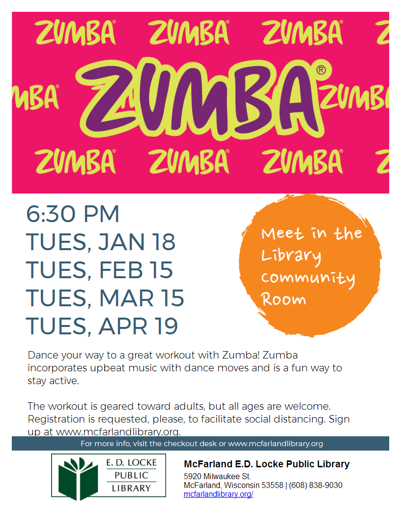 Event flyer for Zumba, Tues, Jan 18 at 6:30 PM in the community room