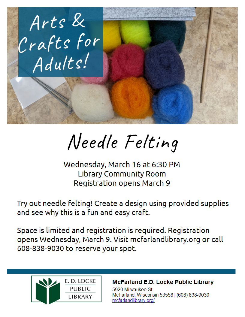 Adult craft club needle felting flyer with photo of felting supplies.