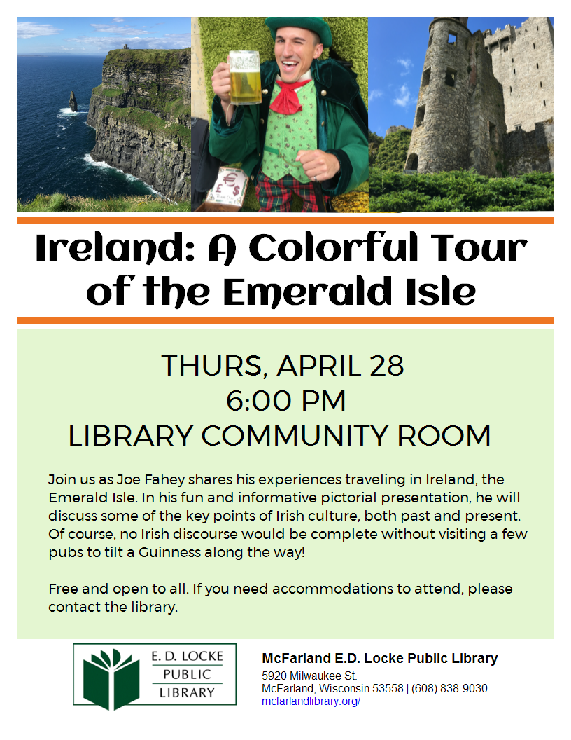 Event flyer with photos of coastland, a castle, and a man drinking a beer. Thurs, April 28 at 6:00 PM in the library community room.