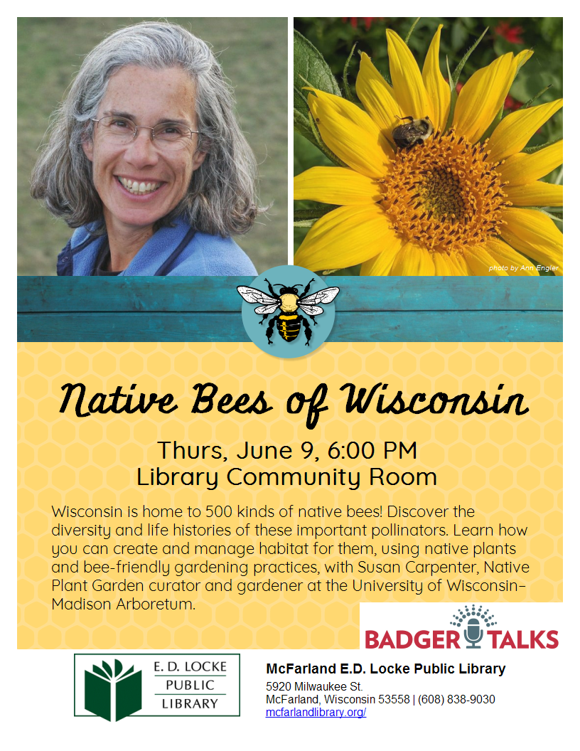 event flyer with photo of Susan Carpenter and a bee on a sunflower