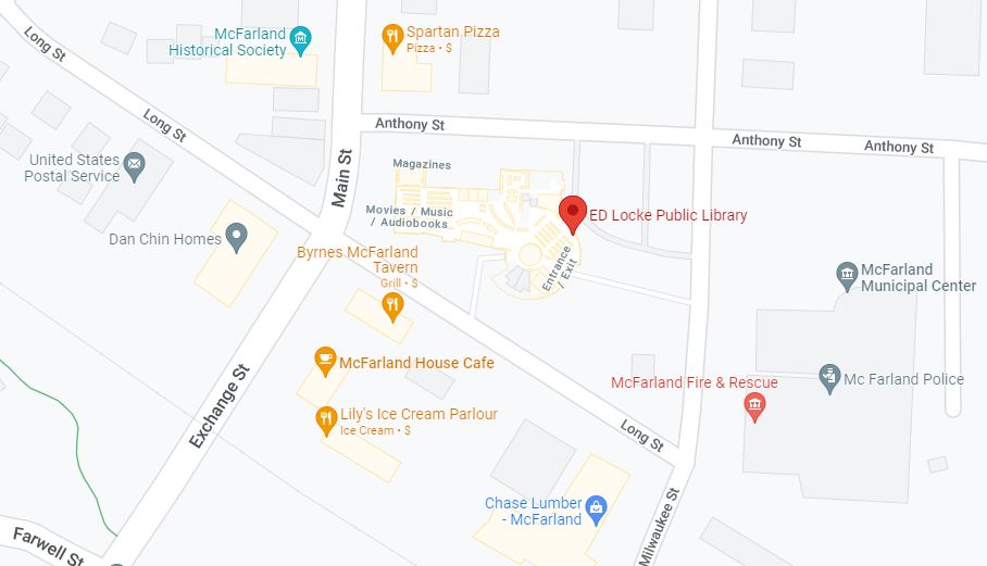 Map of downtown McFarland showing location of E.D. Locke Public Library