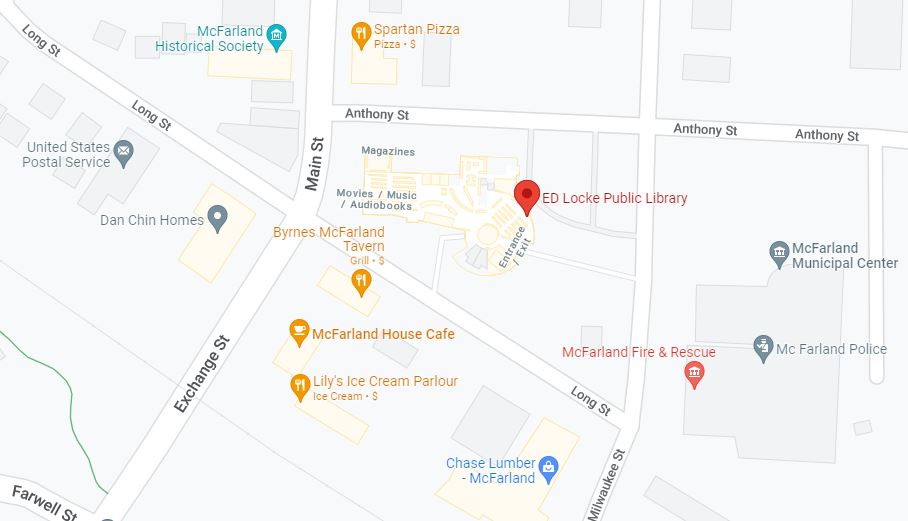 Map of downtown McFarland showing location of E.D. Locke Public Library