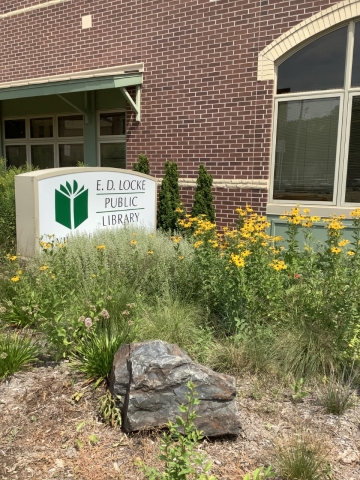 color photo of library sign with logo next to blooming wildflowers and landscaping boulder