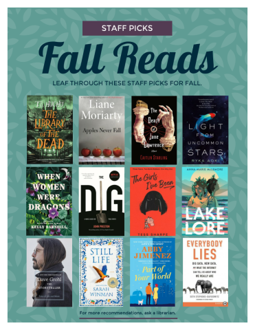 12 book covers on a soft aqua leaf-patterned background. Text reads "Staff Picks Fall Reads. Leaf through these staff picks for fall. For more recommendations, ask a librarian."