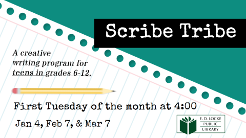 Scribe Tribe Scribe Tribe. Image of notebook paper and a pencil on a teal green background.