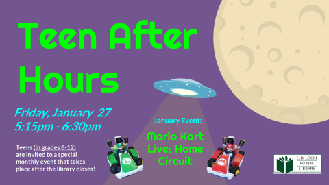 Teen After Hours: January 2023 Teen After Hours. Purple background with image of a moon and spaceship. Also of two race cars, one green and one red.