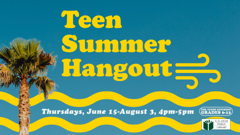 Teen Summer Hangout. Image of a blue sky with a palm tree and illustrated yellow waves. 
