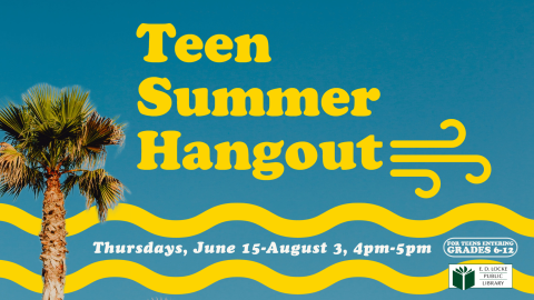 Teen Summer Hangout Teen Summer Hangout. Image of a blue sky with a palm tree and illustrated yellow waves.